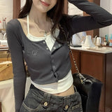 Vintage Design Fake Two Long-Sleeved T-Shirts Girls Early Autumn Hottie Short Hanging Neck Top Bottom Shirt