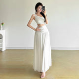 French White Sleeveless Slanted Shoulder Dress Women's Summer Design Long Dress Holiday Dress