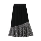 Fishtail Skirt Autumn And Winter Velvet Splicing Lin Apparent Black Dress Dress Girl J530