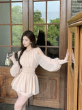 French Gentle Shoulder Long Sleeves To Collect Waist Chiffon Shirt Women Autumn Sweet Suit Casual Straight Shorts Two-Piece Set