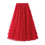 Net Yarn Lotus Leaf Side Temperament Skirt Women's Dress 2025 Spring And Autumn New Famous Woman Long Dress Thin Cake Skirt 2210