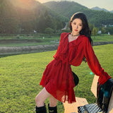 Bohemian Costume Dress Girl Yunnan Dali Tourism To Take Pictures Of The National Wind Red Long-Sleeved Top Skirt Set