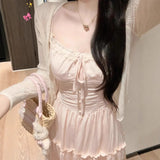 Gentle Wind Bow Sling Skirt Suit Women Summer Sunscreen Knitted Lace Lace Lace To Receive Waist Skirt
