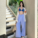 Maldives Holiday Casual Wear Blue Bikini White Sunscreen Shirt Women Summer Seaside Sexy Three-Piece Set