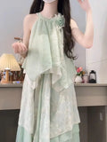 French Tea Break Small V-Neck Green Dress Woman 2025 Summer New Warm Gentle Wind Princess Dress