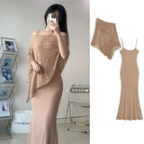 French Spring And Summer New Pure Wind Irregular Sun Protection Suit Women's Bodybine Hip Skirt Long Sling Skirt Two Sets