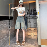Cement Gray Hole Wide Leg Denim Shorts Female Summer Thin High-Waisted Pear-Shaped Body Hidden Meat Beggar Straight Five-Point Trousers
