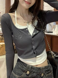 Vintage Design Fake Two Long-Sleeved T-Shirts Girls Early Autumn Hottie Short Hanging Neck Top Bottom Shirt
