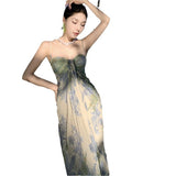 French Beauty Slings With A Dress Summer Fairy Mesh Print Temperament Lanky Seaside Holiday Dress