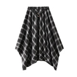 French Retro Check-In Irregular Half-Dress Women's Autumn Drawstring Tie High-Waisted Wrinkle Skirt 5017
