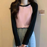 Long-Sleeved T-Shirt Women's Spring New Korean Version Of The Collage Splicing Round Collar Bottom Jersey Fat MM Large Size Women's Loose Top Tide