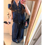 Summer New Korean Wears A Complete Set Of Denim Shirt Tops Short-Sleeved Women's Casual Broad Leg Pants Academy Style Suit