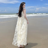 French Hanging Neck Dress High-End Embroidery Flower Skirt Fairy Super Fairy Seaside Vacation Dress