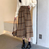 Autumn And Winter Folding Skirt Curry Lattice Half Skirt Girl Long High-Waisted A Small Man Big Umbrella Skirt