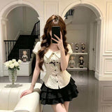 Summer Slimming Design Sense Sister College Sweet Doll Collar Blouse + Half-Dress Suit Woman