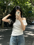 Design Sense Korean Version Of The Oblique Shoulder Collarbone Short-Sleeved T-Shirt For Women's New Summer French Texture Folded Short Top