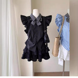 College Style Small Flying Sleeve Bow Striped Shirt Female Summer Design Sense Small Poneng Short Skirt Two Sets