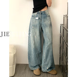 Tall Man Lengthened Retro Water Wash Scratches Worn Jeans Women High Waists Thin Loose Straight Leg Drag Trousers