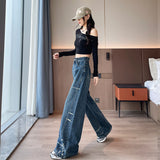 Vintage Ground Water Washing Denim Broad Leg Pants Women 2025 Autumn And Winter High-Waist Loose Thin Straight Trousers