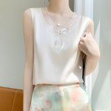 Silk Satin 2026 Spring And Summer Women's New V-Neck Mesh Splicing T-Shirt Solid Color Buffet Korean Version Of Sleeveless Vest