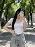 Short-Sleeved Women's Summer 2026 New Thin Slim Short Square Collar Blouse Hot Girl T-Shirt