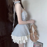 French Hanging Neck Bow Sling Dress Women's Summer 2026 New Slimy Lattice High Waist Fluffy Skirt