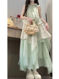 French Tea Break Small V-Neck Green Dress Woman 2025 Summer New Warm Gentle Wind Princess Dress