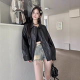 Vintage Coffee Leather Jacket Jacket Women Autumn Black Sweet Cool Fan Car PU Loose Long-Sleeved Top