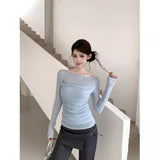 Pure Style Splicing Collar Two Long-Sleeved T-Shirts For Girls In Spring Chicly Thin Blue Tops Small Shirts