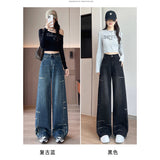 Vintage Scissor Jeans Women 2025 Winter Trend New Loose Side Splicing Hole Grinding Wide Leg Pants