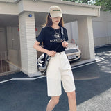 White High-Waisted Denim Shorts Women's Summer Small Big Leg Trousers Five-Pointed Trousers Loose Retro Straight Trousers