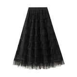 Sweet Lewd Mesh Splicing A Word Cake Skirt Women's Autumn And Winter New High-Rise Display Lean Long Dress 8073