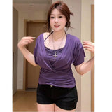 Pure Hottie V-Neck T-Shirt With Short-Sleeved Top Woman Summer Lace Hanging Neck Sling Sexy Two-Piece
