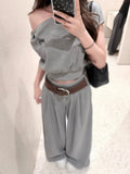 Korean Slanted Shoulder Leisure Sportswear Suit Women's Summer Age Reduction Waist Short-Sleeved Top High-Waist Broad Leg Pants Two Sets