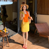Terand Dopamine Mingmei Holiday Set Female Summer Seaside Orange Hanging Neck Vest Half-Body Skirt Two-Piece