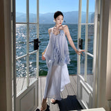 Yunnan Dali Seaside Resort Sling Dress Women's Blue Heavy Industry Three-Dimensional Flowers Lotus Leaf Side Beautiful Long Skirt