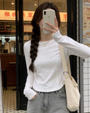Long-Sleeved T-Shirt Girl Spring And Autumn New Hottie Design With Irregular Bottom Shirt Straight Shoulder Collar Top