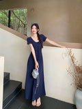 French Temperament Tibetan Blue With Short-Sleeved Dress Women's New Summer Waist Thin A-Dress Skirt Ins Tide