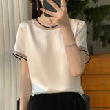 Silk Satin 2026 Spring And Summer Women's New Short Loose Round-Neck Color Mesh Yarn Short-Sleeved T-Shirt Temperament Thin Top