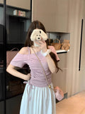 Design-Sense Collared Bare Shoulder Drawstring Top Women's Summer New Slimming Niche Small Collection Thin Short-Sleeved T-Shirt