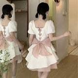 Pure Sweet And Spicy Wind Bow Dress Summer Small Fluffy Dress Female Design Feel Chic Waist Princess Dress