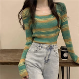 Crash Striped Long-Sleeved Knitted Shirt Women Autumn Design Sense Of Small Slim Slimming Short Chic On The Dress