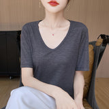 Lyselle Tiansi 2026 Spring And Summer Women's New Short-Sleeved V-Neck Solid Color T-Shirt Short-Sleeved Sleeves Comfortable T-Shirt