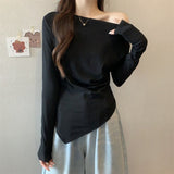 One-Word Shoulder Design Feeling With Irregular Long-Sleeved T-Shirt Women's Autumn Collarbone Sexy Bottoming Shirt Pure Desire Top