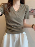 V-Neck Shoulder Short-Sleeved T-Shirt Girl 2025 Summer Small Korean Version Of The Thin-Skinny Design Top