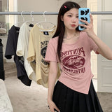 Positive Shoulder Short Sleeve T-Shirt Women's Summer 2026 New Fat MM Irregular Design Printing Thin Top