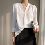 Silk Satin 2026 Summer Women's New Short Satin Shirt V Collar Simple Nine-Sleeve Temperament Match French Top