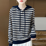 100% Pure Wool 2026 Autumn And Winter New Women's Loose Hooded Hooded Striped Knitted Sweater