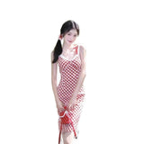 Red Lattice Dress Women Summer French Sweet Design Lace Splicing V-Neck Waist Holiday Sling Skirt