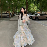 Vintage Oil Painting Style Print Sling Dress Summer Atmosphere Super Fairy Romantic High-Rise Thin Dress Temperament Dress